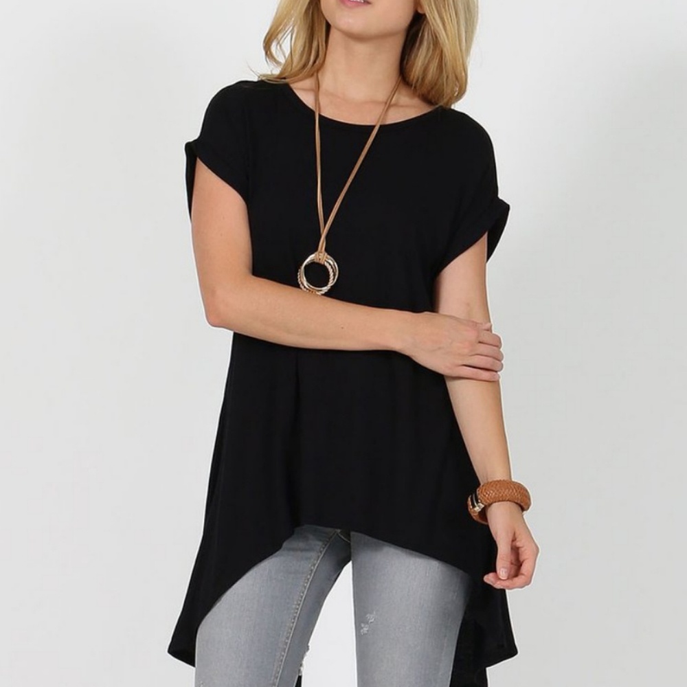 Black Hi-Lo Open Back Tunic Shortsleeve Top - Picture 1 of 7